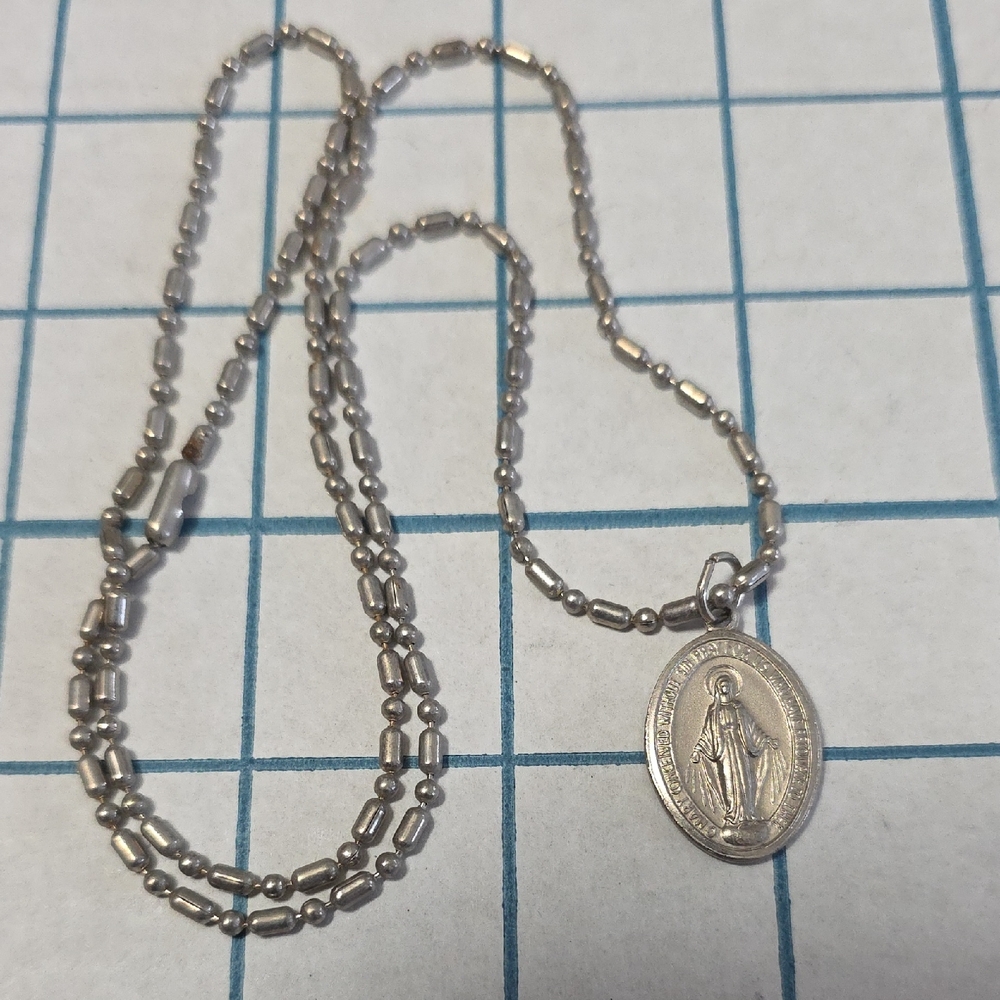Miraculous Medal Stainless Steel Ball Chain Necklace, 23" Chain  90s, Catholic